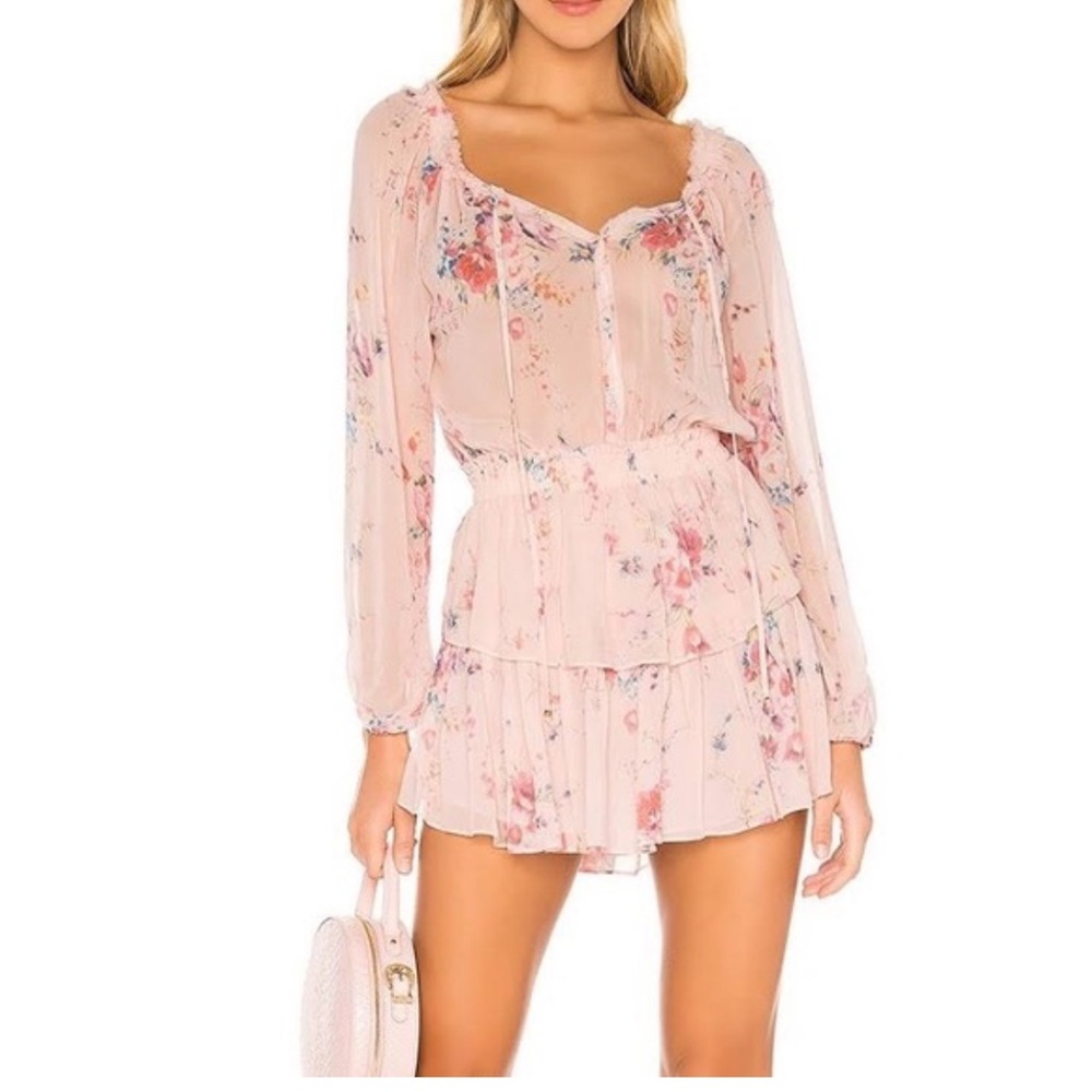 LoveShackFancy Pink Floral Chiffon Tiered Mini Dress